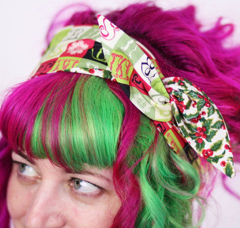 Reversible,Wired,Bow,Headband,,Vintage,Style,Christmas,Prints,,Holly,and,Merry,dolly bow headband, wired, tie hair band