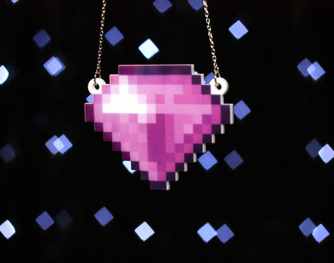 8,Bit,Gem,Necklace,,Silver,Plated,Chain,,4,Colours,retro, video game, 8 bit, pixel, gem, pendant, acrylic, laser cut