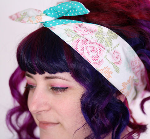 Reversible,Wired,Bow,Headband,,Cross,Stitch,Roses,and,Turquoise,with,White,Spots,dolly bow headband, wired, tie hair band