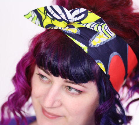 Reversible,Wired,Bow,Headband,,African,Prints,,Yellow,,Orange,and,Blue,dolly bow headband, wired, tie hair band