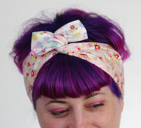 Reversible,Wired,Bow,Headband,,Pink,Kittens,with,Cute,Floral,dolly bow headband, wired, tie hair band