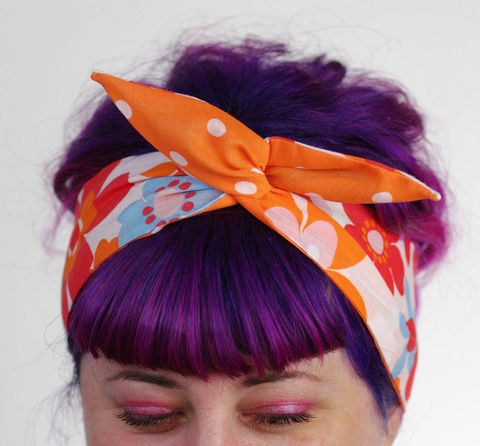 Reversible,Wired,Bow,Headband,,70s,Retro,Flowers,in,Orange,,Blue,and,White,Orange,with,Spot,dolly bow headband, wired, tie hair band