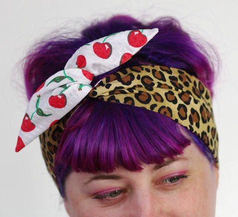 Reversible,Wired,Bow,Headband,,Leopard,and,Cherries,dolly bow headband, wired, tie hair band