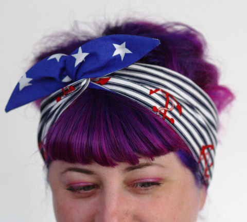 Reversible,Wired,Bow,Headband,,Nautical,Navy,Stripes,with,Red,Anchors,and,Royal,Blue,White,Spots,dolly bow headband, wired, tie hair band