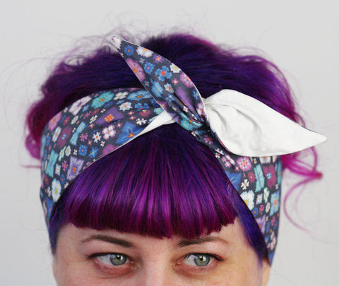 Reversible,Wired,Bow,Headband,,Purple,and,Blue,Pixel,Flowers,with,White,on,Spot,dolly bow headband, wired, tie hair band
