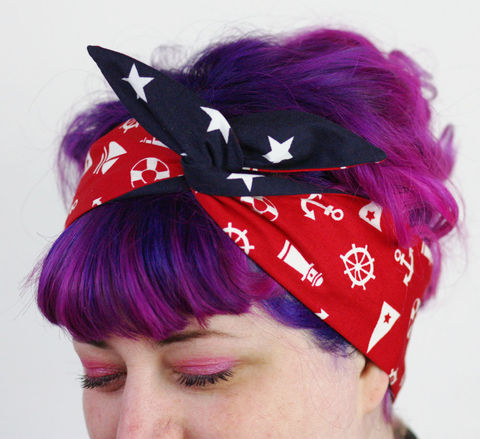Reversible,Wired,Bow,Headband,,Nautical,Symbols,on,Red,and,Navy,with,White,Stars,dolly bow headband, wired, tie hair band