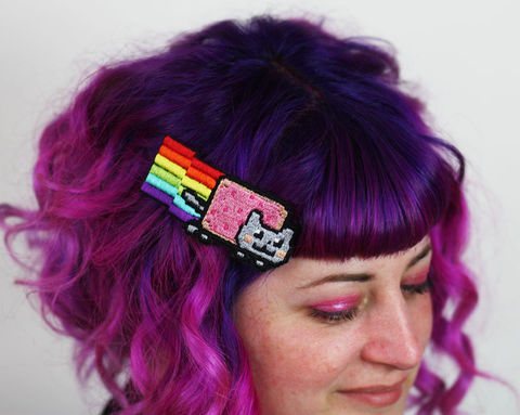 Nyan,Cat,Hair,Clip,Accessories,women,janine_basil,hair_clip,barette,hair_barrette,cute_barrette,rocket_hair_clip,rocket_ship,space_ship,spaceship_hair_clip,silver_hair_clip,silver_rocket,metallic,polyester_felt,rayon_thread,elastic