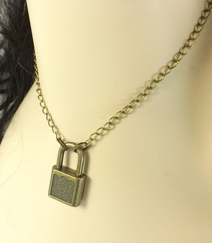 Submissive Necklace Padlock Necklace Antiqued Brass Lock and Chain slave day collar Pinch the Muse