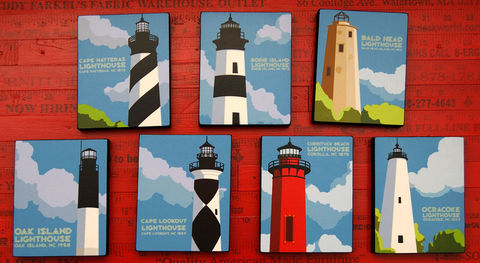 North,Carolina,Lighthouses,Art,Blocks,-,Set,of,7,4,in,x,5,Illustration,Digital,john_w_golden,illustration,digital,print,block,lighthouse,north_carolina,set,paper,computer,wood,sealer,cape_hatteras,bodie_island,ocracoke,currituck,oak_island,bald_head_island