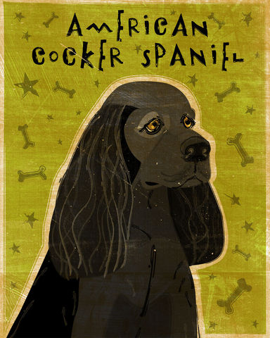 American,Cocker,Spaniel,-,Black,or,Buff,Print,Dog Art,Illustration,digital,whimsical,cute,dog,animal,pet,cocker,spaniel,green,olive,black,paper,ink,buff