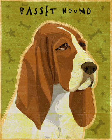 Basset,Hound,Print,-,Various,Colors,Art,Illustration,digital,whimsical,cute,dog,animal,basset hound,black,red and white,lemon and white,paper,ink
