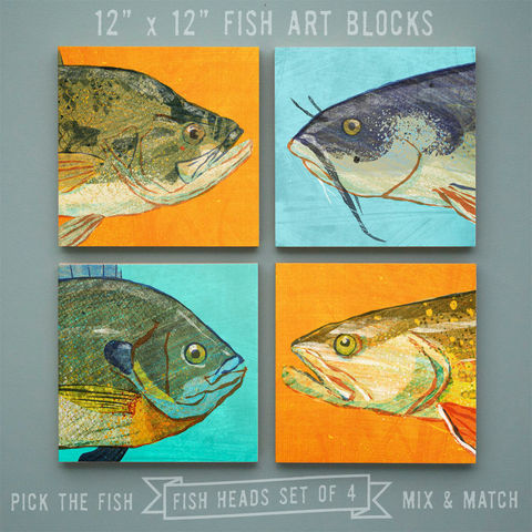Fish,Heads,-,Freshwater,Art,Series,Set,of,4,Blocks,12,in,x,Wall,Decor,Fisherman,Gift,Fathers,Day,for,Dad,Print,Digital,Fish_Art_On_Wood,Fish_Wall_Decor,Fish_Wall_Art,Fish_Wall_Hanging,Fish_Illustration,Fish_Artwork,Freshwater_Fish_Art,Fathers_Day_Gift,Gift_For_Dad,Dad_Gift,wood,paper,ink,glue,sealer