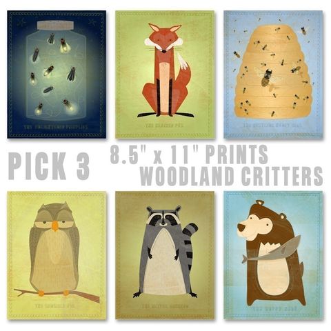 Woodland,Critters,Series,Set,of,3,Illustrations,8.5,in,x,11,Children,Art,Print,kids,kid,print,cute,animal,hedgehog,bear,possum,art,digital,nursery,paper