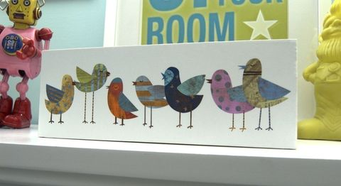 Flock,No.,1,Art,Block,-,4,in,x,11,Illustration,Digital,wood,block,camera,birds,collage,reproduction,print,mounted,paper,ink,glue,sealer