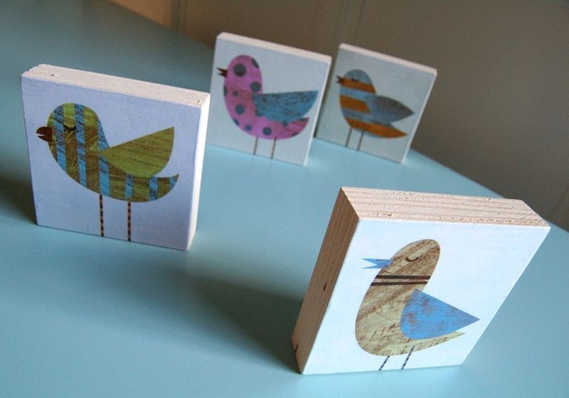 Collage Bird Art Blocks Set of Four 3 in x 3 in John W. Golden Art