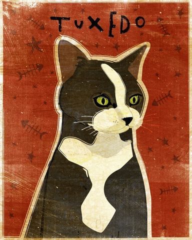Tuxedo,Cat,Print,8,in,x,10,Art,Illustration,digital,whimsical,cute,animals,animal,cat,tuxedo,black,white,red,paper,ink