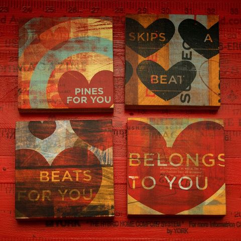 Heart,Collage,Series,Art,Blocks,-,Set,of,4,in,x,Holidays,Valentine,reproduction,wood,block,heart,love,valentine_men,valentine_women,valentines_day,art,red,paper,ink,glue,sealer