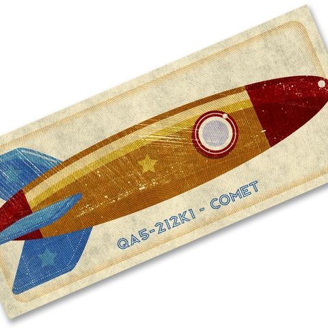 Comet,Tin,Toy,Rocket,Box,Art,Print,7.78,in,x,18,Illustration,Digital,toddler,illustration,print,digital,john_w_golden,children,yellow,sci_fi,space,rocket,red,blue,retro,paper,computer
