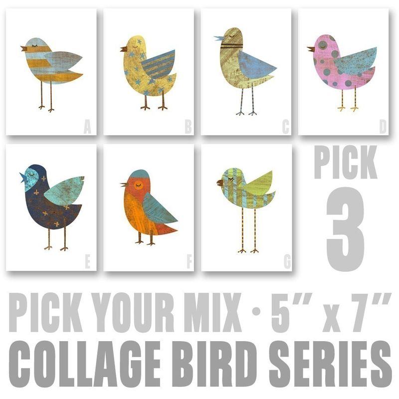 Collage Bird Series - Pick Your Mix - Set of 3 Illustrations 5 in x 7 in - product images  of 