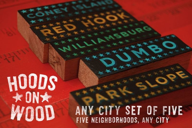 Hoods on Wood - Five Art Block Set - Any City, Pick Your Hoods - product images  of 