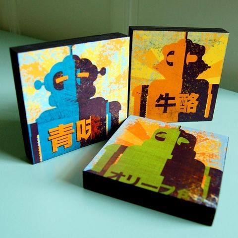 Minibot,Series,Art,Blocks,-,Set,of,3,4,in,x,Illustration,Digital,reproduction,wood,block,minibot,robots,paper,ink,glue,sealer