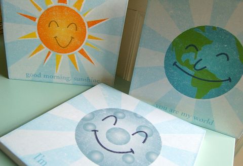 Happy,Planets,Series,Art,Blocks,-,Set,of,3,9,in,x,art,illustration,digital,reproduction,wood,block,planets,happy,sunshine,world,moon,paper,ink,glue,sealer