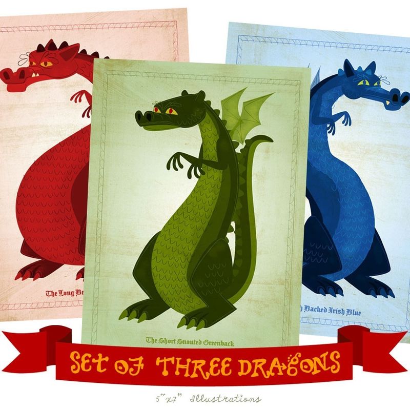 dragon art set of 3 illustrations 5 in x 7 in prints john w