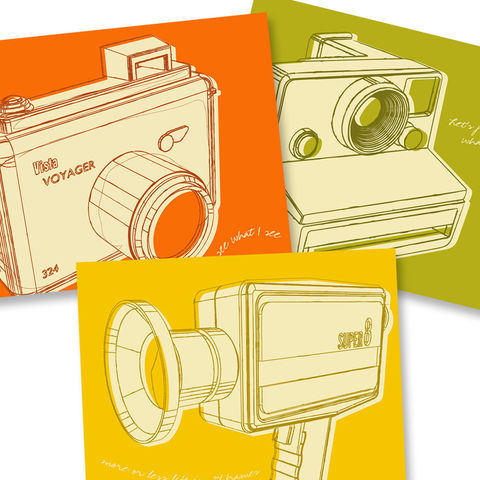 Camera,Art,-,Lunastrella,Cameras,Set,8x10,of,Three,Illustration,Digital,print,paper,cute,retro,vintage,lunastrella,dude,gift,orange,camera_art,8mm,polaroid,ink