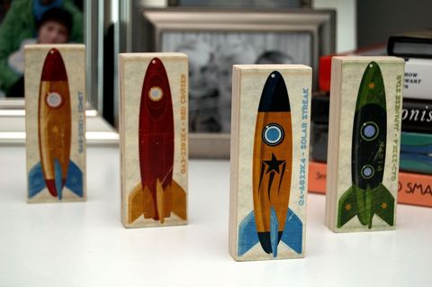Set,of,4,Rocket,Mini,Art,Blocks,Illustration,wood,block,reproduction,print,rocket,space,space_art,rocket_art,paper,ink,glue,sealer