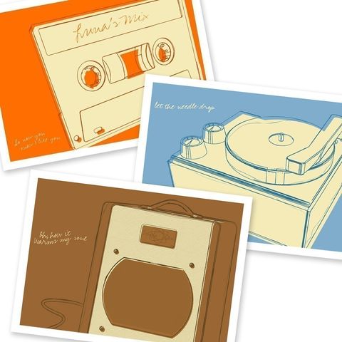 Lunastrella,Record,Player,,Mix,Tape,and,Swart,Space,Tone,Amplifier,5,in,x,7,Set,of,Three,Art,Print,Digital,record_player,phono,cassette,mix_tape,amplifier,music,orange,blue,brown,paper,ink