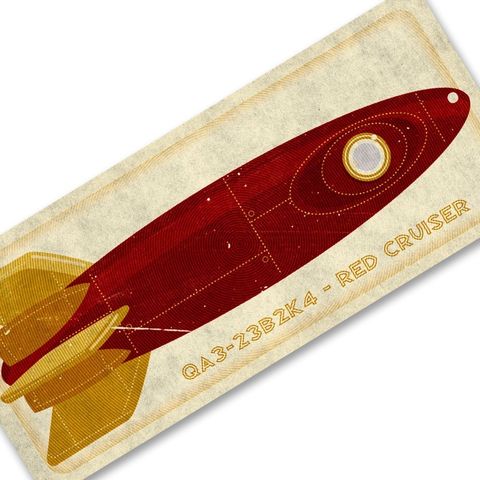 Red,Cruiser,Tin,Toy,Rocket,Box,Art,Print,7.78,in,x,18,retro,art,toddler,illustration,print,digital,john_w_golden,children,yellow,sci_fi,space,rocket,red,paper,computer