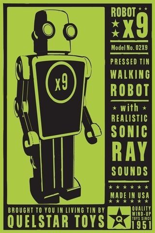 x9,Tin,Toy,Robot,Box,Art,Print,art,digital,paper,print,robot,cute,children,green,black
