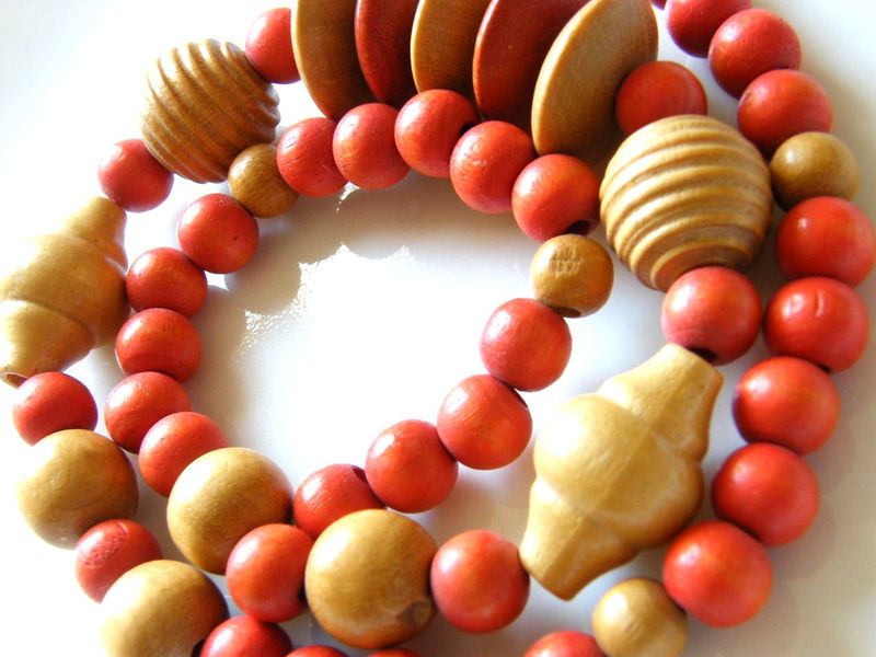 Vintage Fashion Necklace Large Natural, Orange, Wood Beads - product images  of 