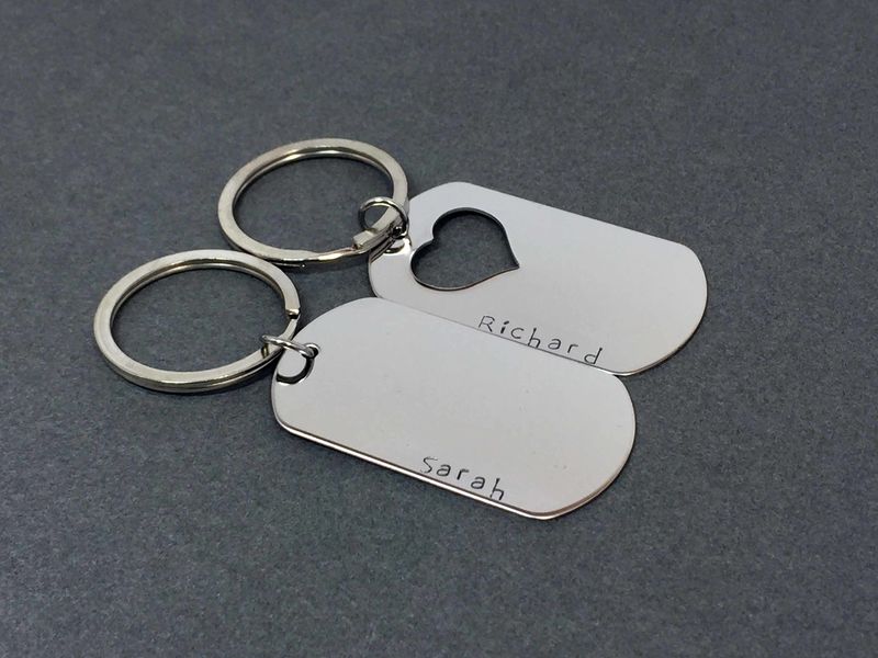Set of Dog Tag Keychains with Heart Cut out and custom names