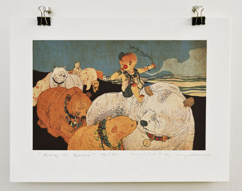 Boy,on,Bear,Victo Ngai, limited edition giclee print, children, animal, bear, whimsical, color