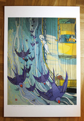 Casserole,Victo Ngai, limited edition giclee print, swallows, boat, water, car, couple, romance
