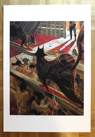 Breatharian,Victo Ngai, limited edition giclee print, cats, dark, slaughter, barn, hay