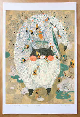 Grooming,Day,Victo Ngai, limited edition giclee print, fat cat, cat, fur, animal