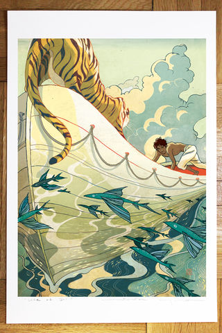 Life,of,Pi,Victo Ngai, openedition giclee print, life of pi, tiger, boat, boy, castaway, adventure