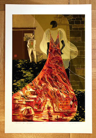 Shades,Victo Ngai, limited edition giclee print, 1920s, Chicago, frapper, mafia, mystery, fire, burning city