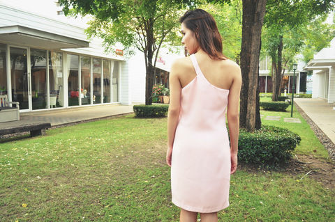 Amitara,Loathe,One,Shoulder,Light,Pink,Dress,clothing, mini dress, short dress, one shoulder dress, light pink dress, party dress, sleeveless dress, petite dress, US size 0, size extra small, size XS, bridesmaid dress