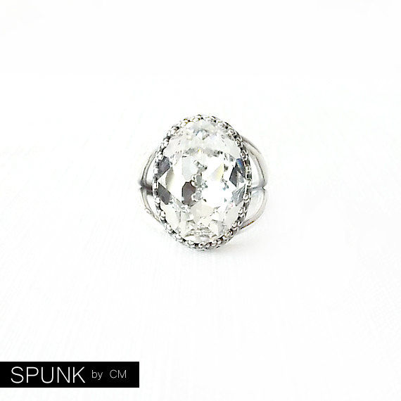 Silver Cocktail Ring Swarovski Crystal, Brass Crystal Clear The