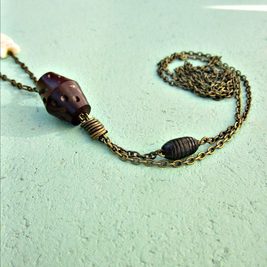 Long Rustic Brass Chain No Clasp Lariat Necklace with Bone Accents