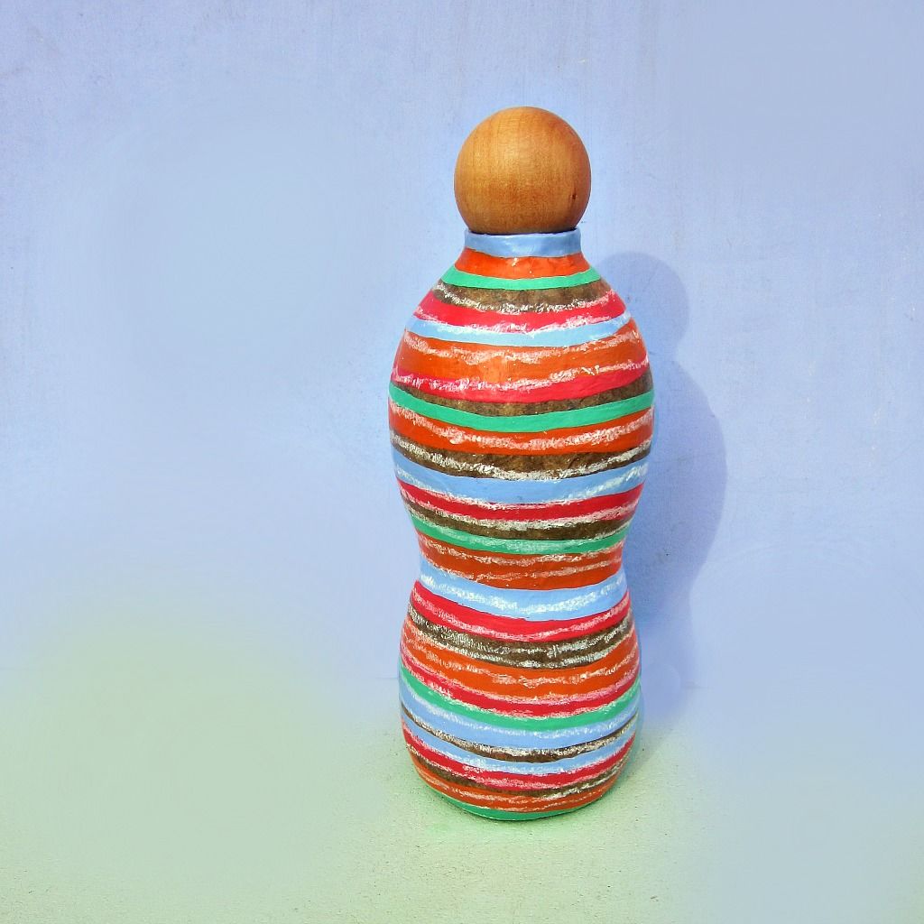 Colorful Striped Paper Mache Bottle with Wood Cork Stopper Wave Vessel