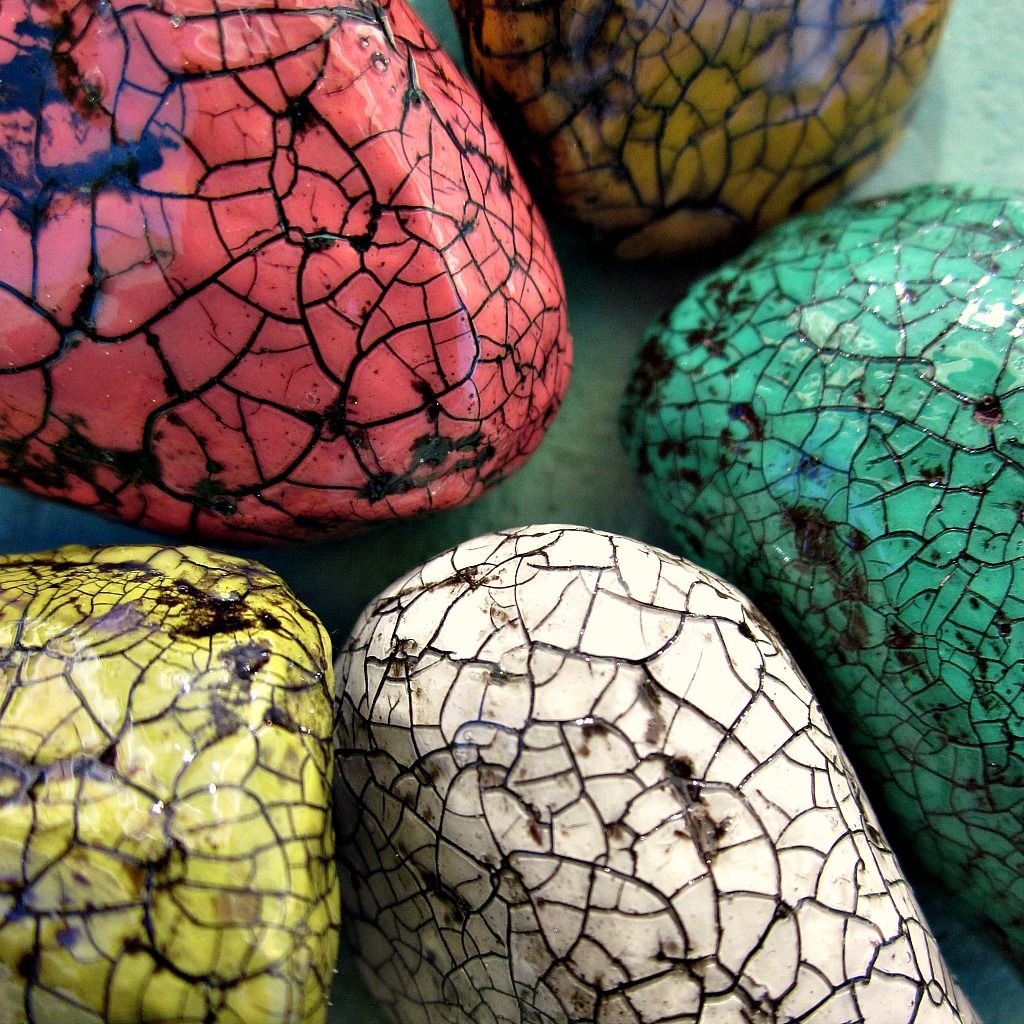 Paper Mache Colorful Crackled Pebble Set, Five Recycled Decor