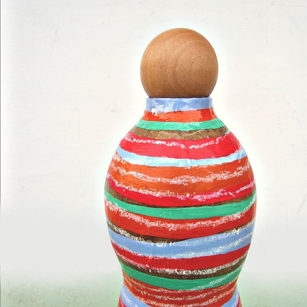 Colorful Striped Paper Mache Bottle with Wood Cork Stopper Wave Vessel