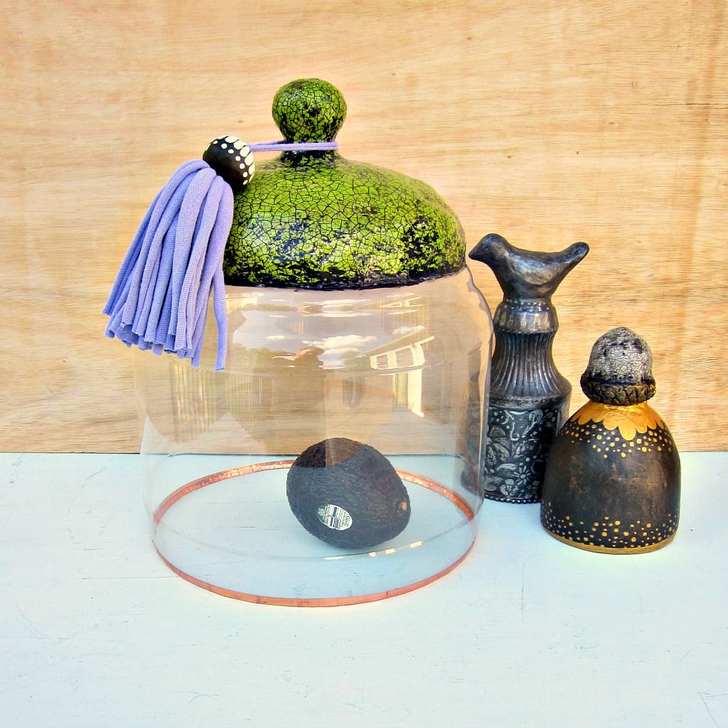 Handmade Crackled Green Paper Mache and Plastic Cloche Jar Sylvia