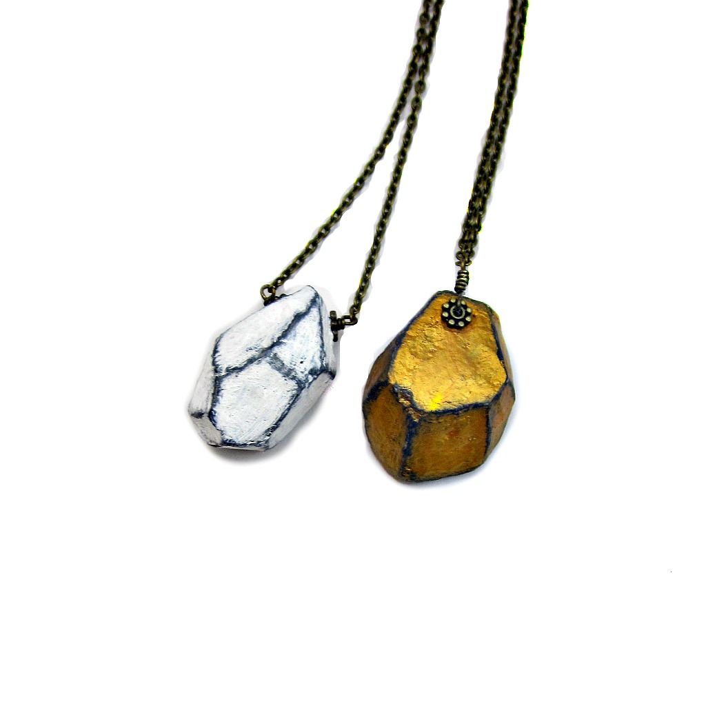 Paper Mache Necklace, Faceted Nugget on Rustic Brass Chain Beryl Created by Renée