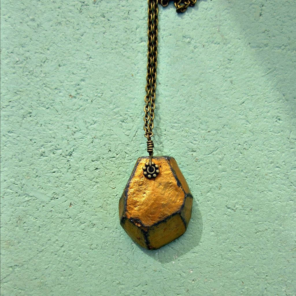 Paper Mache Necklace, Faceted Nugget on Rustic Brass Chain Beryl