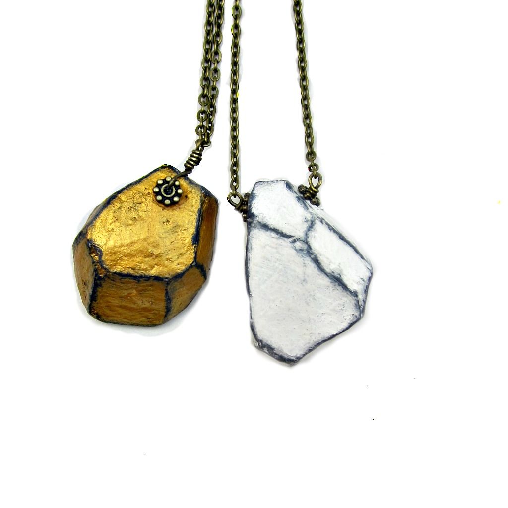 Paper Mache Necklace, Faceted Nugget on Rustic Brass Chain Beryl